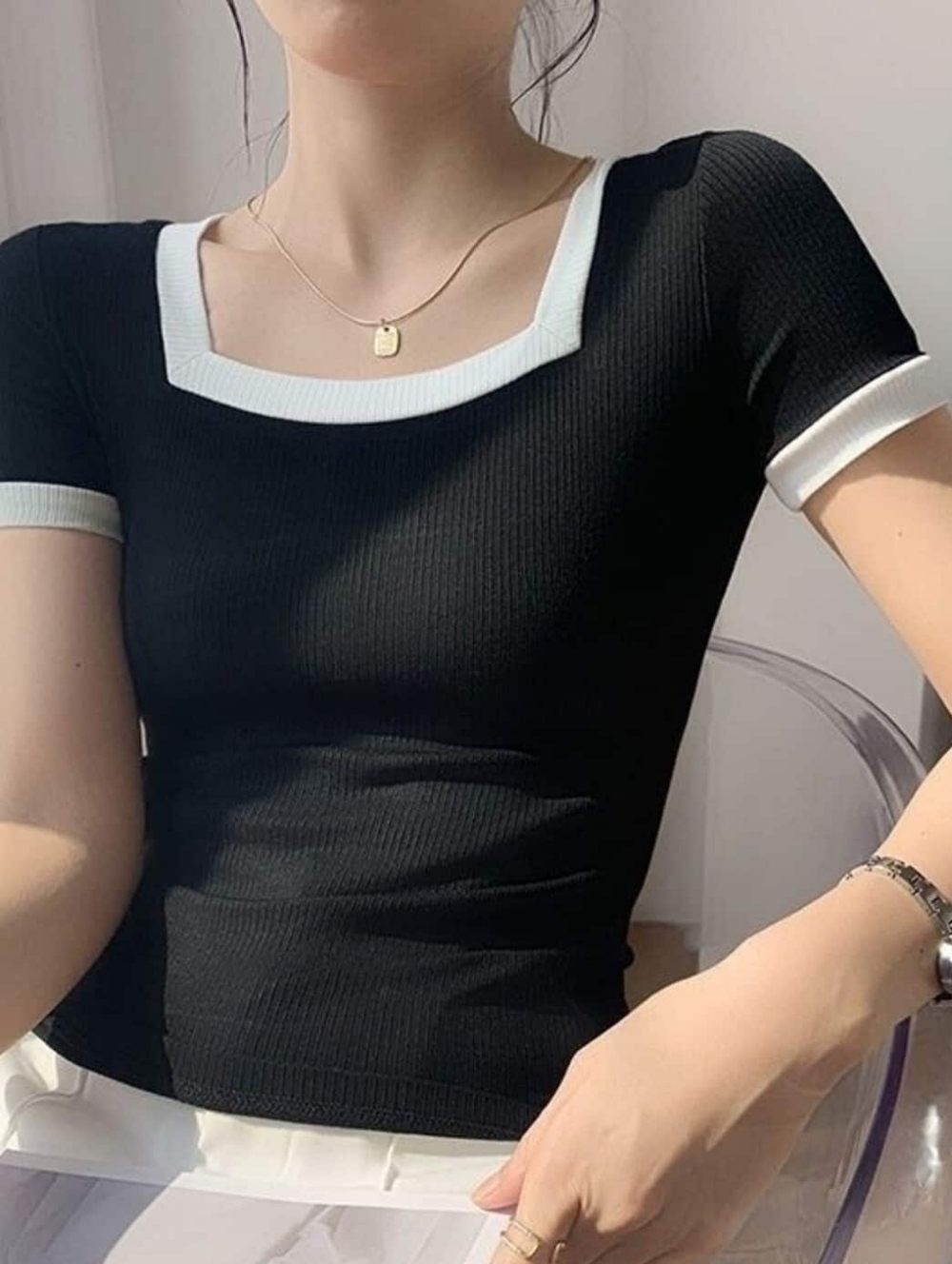 Dazy Square Neck Ribbed Short Sleeve Knit Top Black and White